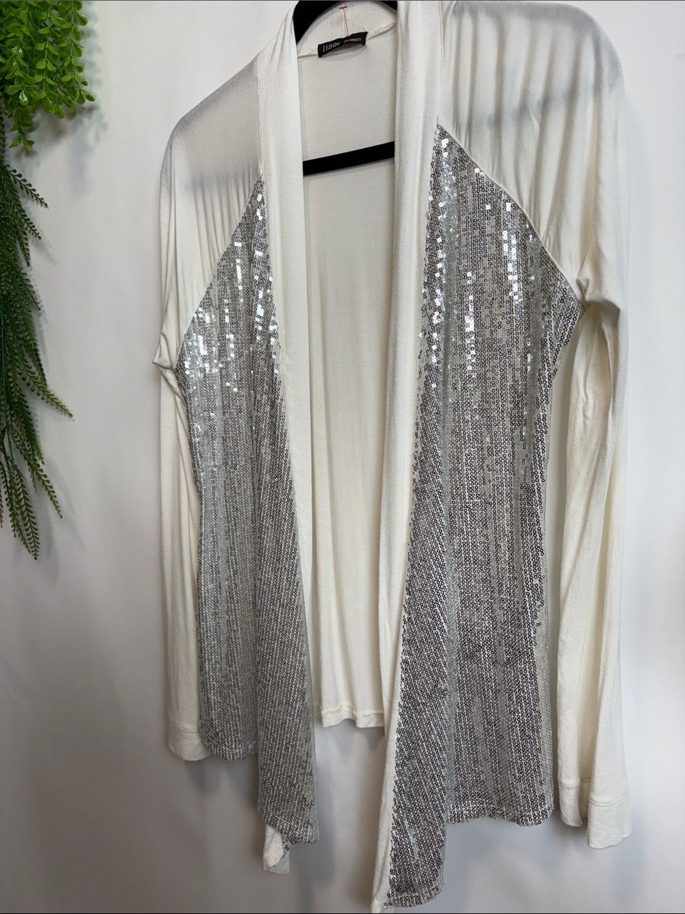Open-Front Sequin Trim Cardigan - White with Silver Sequins
